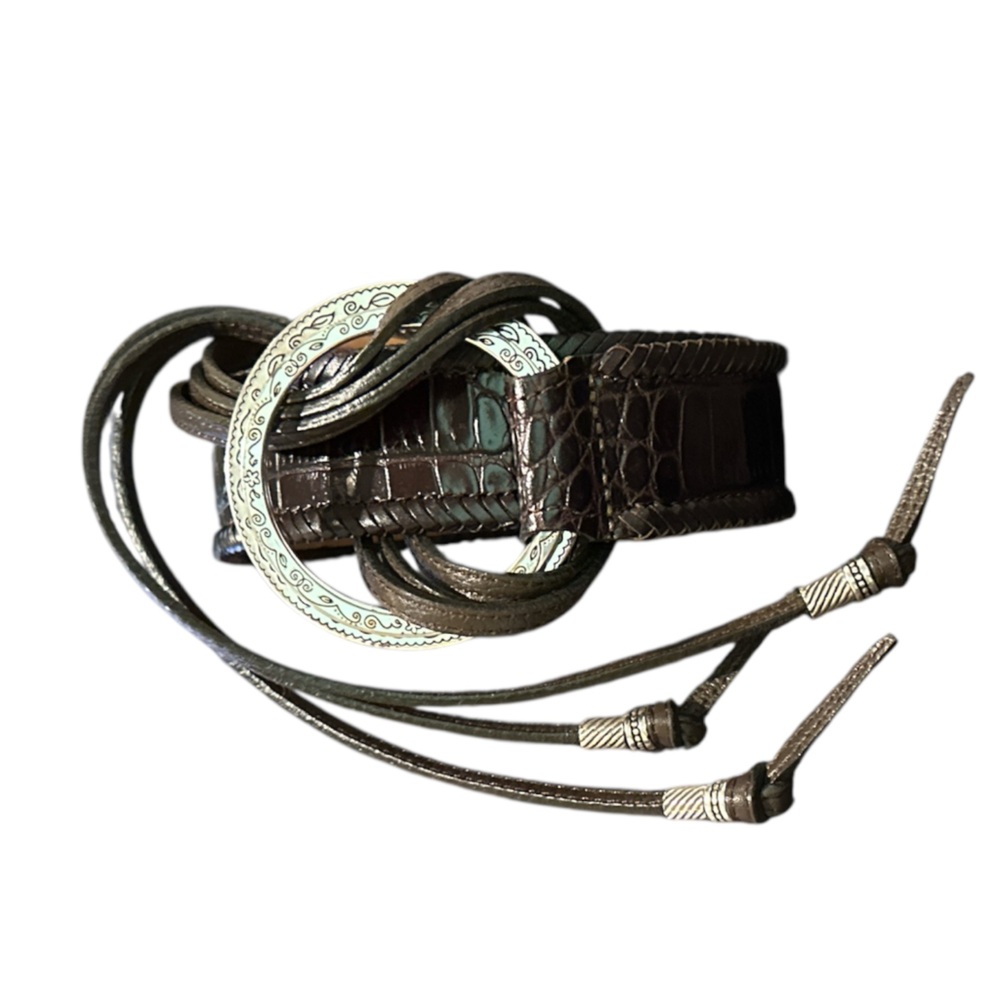 Brighton Brown Leather Croc Embossed Silver Buckle Lariat Tassel Tie size Sm/Md